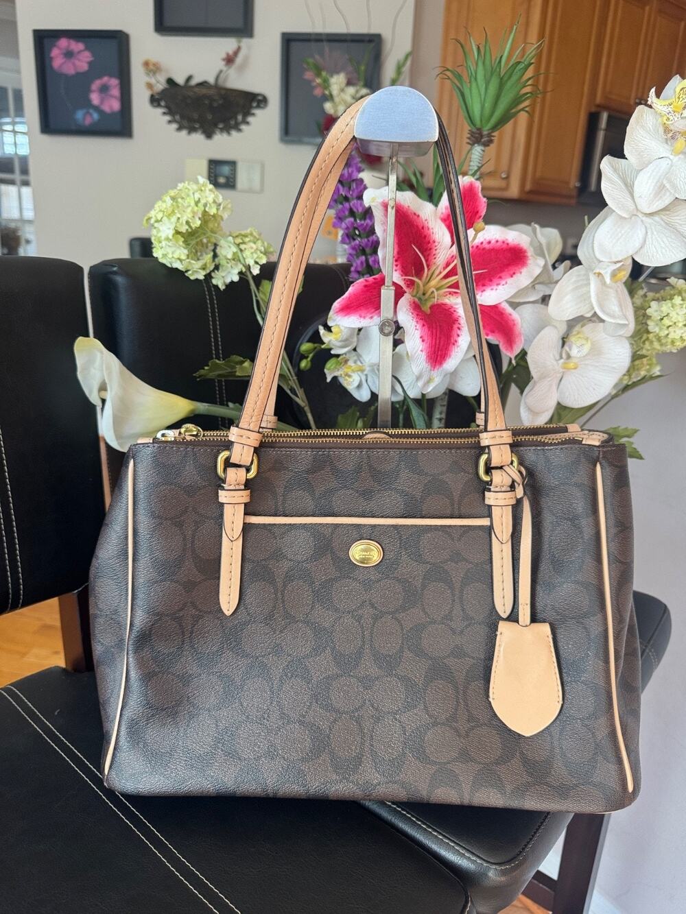 Coach Signature Peyton Double Zip Carryall Shoulder Bag Purse Brown F26187 (bar